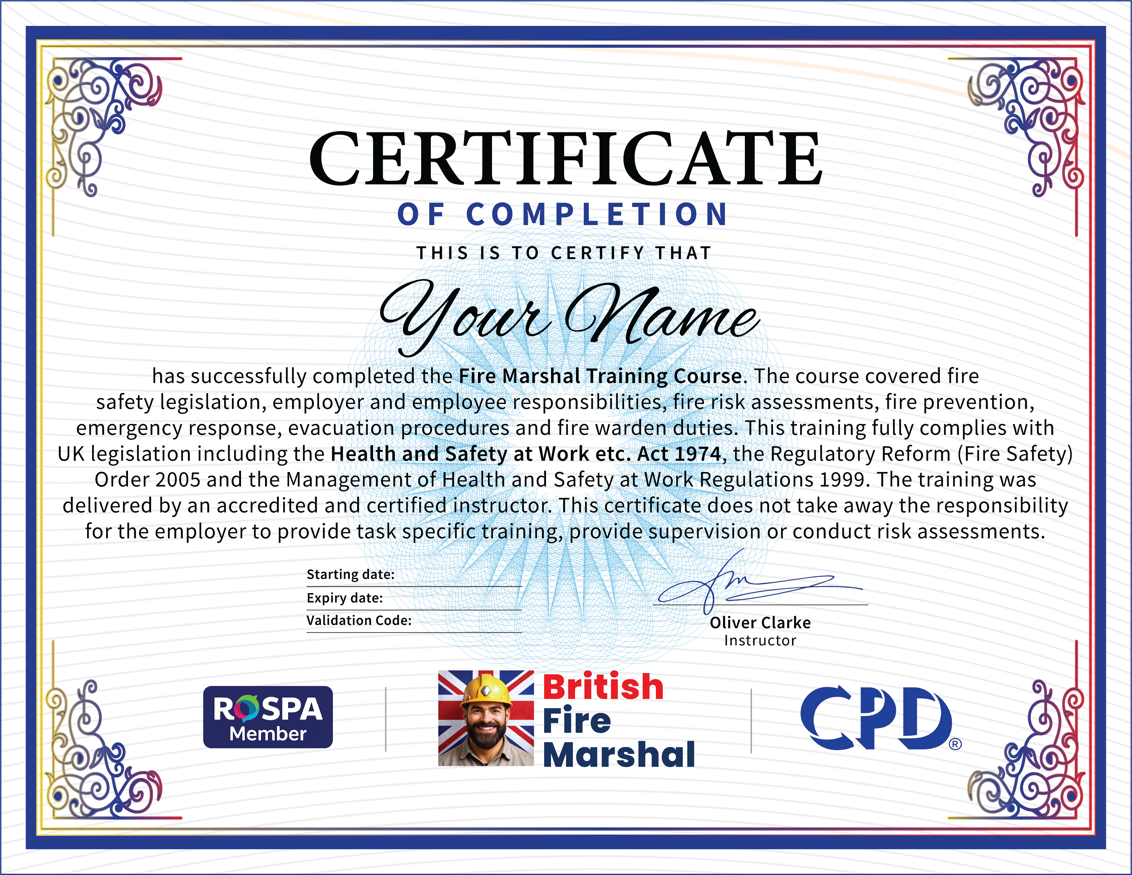 Official Fire Marshal Certificate - CPD accredited Fire Marshal Certificate from British Fire Marshal UK - Instant Download